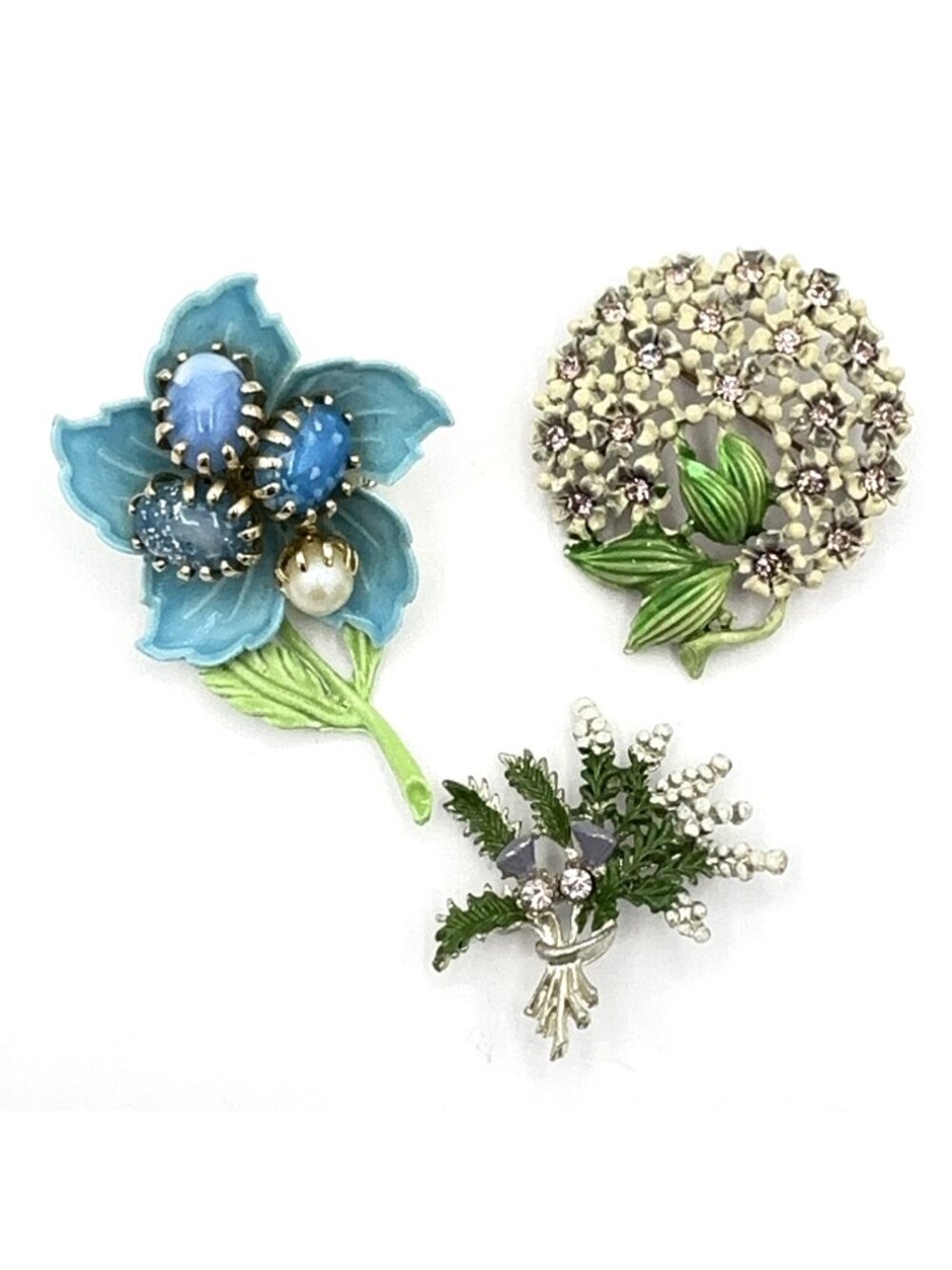 ENAMEL flower brooch lot  - 3 vintage pins w/ rhinestones cabochons & faux pearl